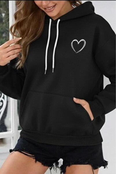 NO 601 Women's Black Thick Heart Printed Hooded Sweatshirt