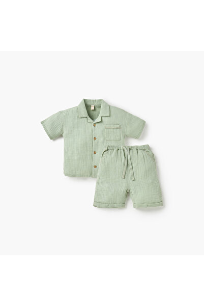 giggles Solid Camp Collar Shirt and Shorts Set