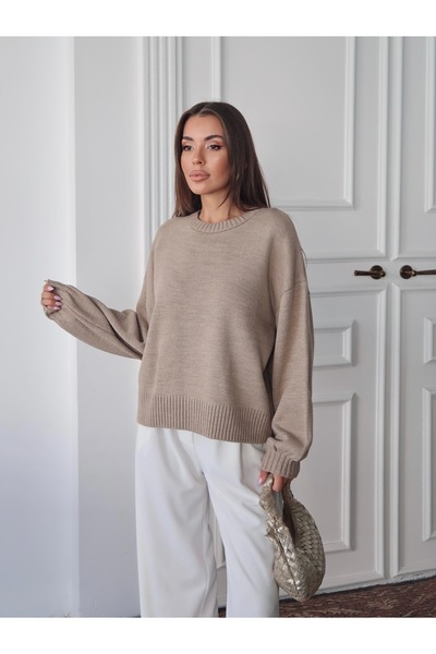 Maysev Crew Neck Balloon Sleeve Loose Fit Soft Touch Women's Sweater