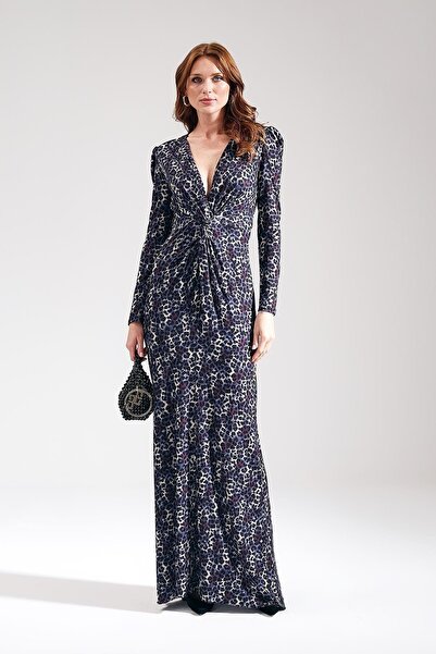 EXPLOSION Desenli Beli Düğüm Detaylı Abiye Elbise