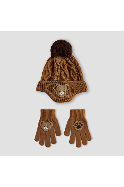 Juniors طقم قبعة وقفازات شتوية مزينة بتطريز دب