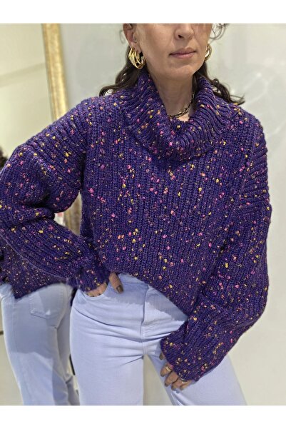 Butik Kadın, Boğazlı-Balıkçı Yaka, Yumuşak-Soft Dokulu, Bol Kalıp, Mor Kazak,...