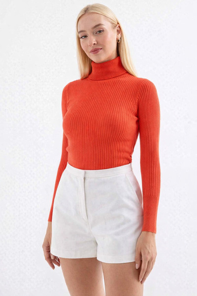 MISSRUBA Women's Orange Turtleneck Corded Fabric Knitwear Sweater -Fk0001