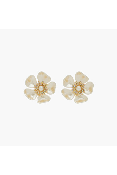 Lifestyle Gold Tone Floral Pearl Stud Earrings with Pushback Closure
