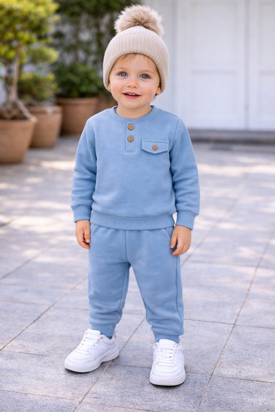 LittlePoffy Детски комплект от горна и долна част на спортен екип с дизайн с 3 ленти, дебела подплата от флис