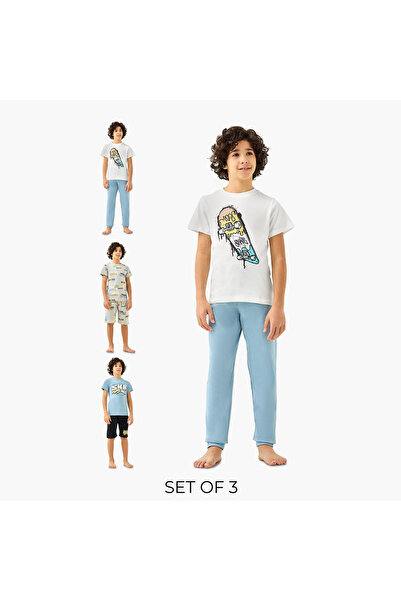 Juniors Skateboard Print T-shirt and Pyjamas - Set of 3