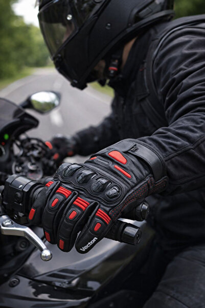 Tech90 Kırmızı Siyah Motosiklet Deri Eldiven