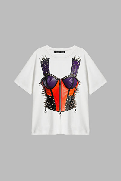 Bak Moda Risk Corset Printed Relaxed Fit White Women's Tshirt