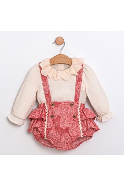 HUG Pamuklu Dantelli Yaka Uzun Kollu Çiçek Desenli Şortlu Tulum Takım