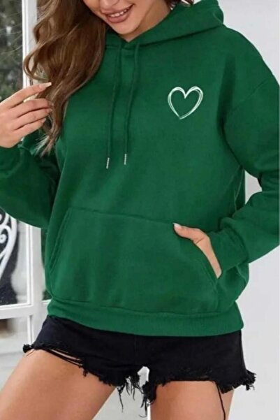 NO 601 Women's Green Thick Heart Printed Hooded Sweatshirt