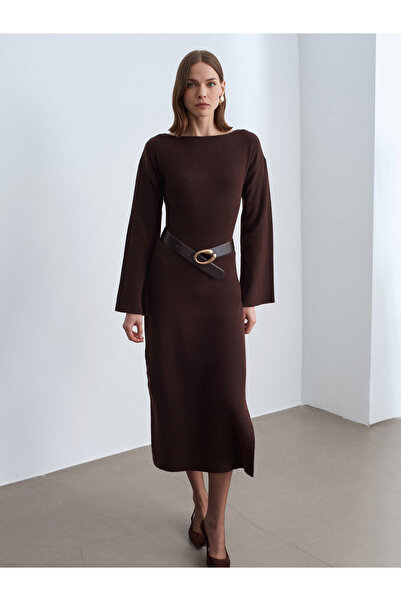 Dilvin 90267 Boat Neck Slit Knitwear Dress-Brown