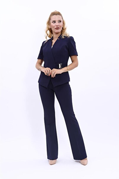 ÖNDER ÖZSOY Hakim Collar Buckle Modern Jacket & Flared Pants Women's Suit-Dar...