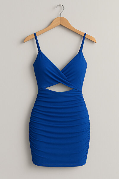 MEVABU Blue Cut Out Detailed Mini Shirred Dress