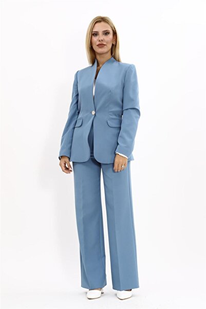 ÖNDER ÖZSOY ياقة مرتفعة متوسطة الطول بدلة نسائية كلاسيكية بزر واحد وبنطلون وا...