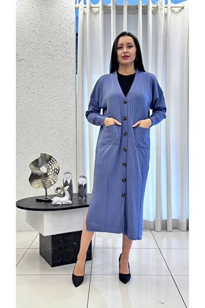 Cannes Women's Buttoned Long Blue Knit Cardigan