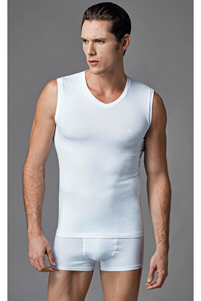 Eros Ανδρικό, Λευκό, 95% Βαμβάκι, 5% Ελαστάνη, Συμπαγές, Λαιμόκοψη σε V, Χωρίς μανίκια, Σετ 2 Αμάνικα/Μπλουζάκια