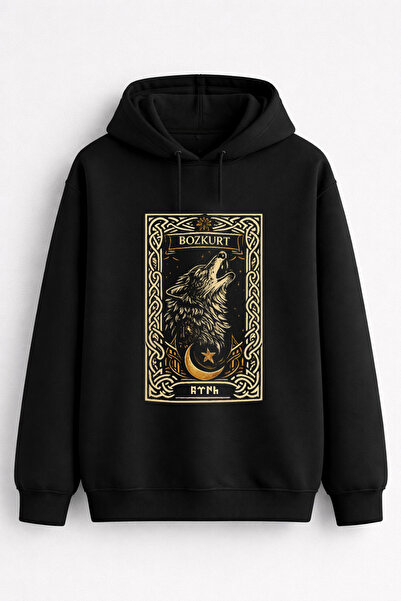 MODA Hanorac cu glugă turcesc Bozkurt în cu imprimeu limbi turcă, negru, pent...