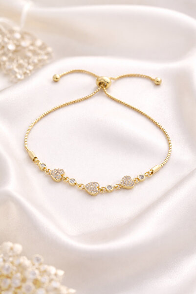 Bellenza Kalp Figürlü Zirkon Taşlı Ayarlanabilir Altın Renk Kadın Bileklik