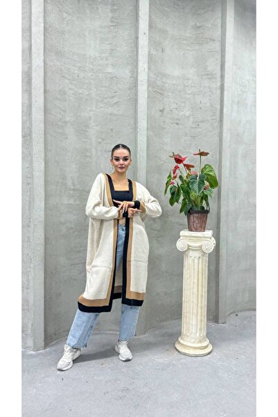 Cannes Women's Contrast Stripe Long White Knitwear Cardigan