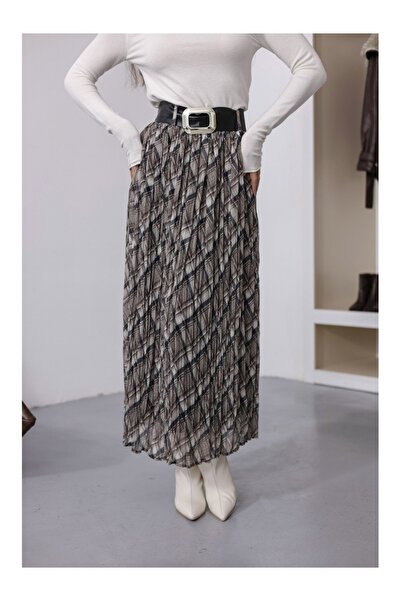 Elif Özbey Butik Bej Ekose Desen Kemerli Kraş Etek