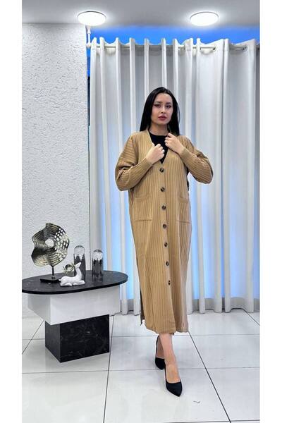 Cannes Kadın Düğmeli Uzun Bej Triko Hırka