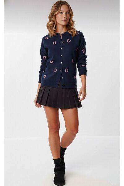 Tubik Women's Button Closure Heart Embroidery Detailed Knitwear Cardigan
