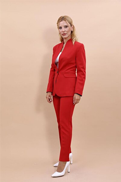 ÖNDER ÖZSOY ياقة مرتفعة متوسطة الطول بدلة نسائية كلاسيكية بزر واحد وبنطلون ضي...