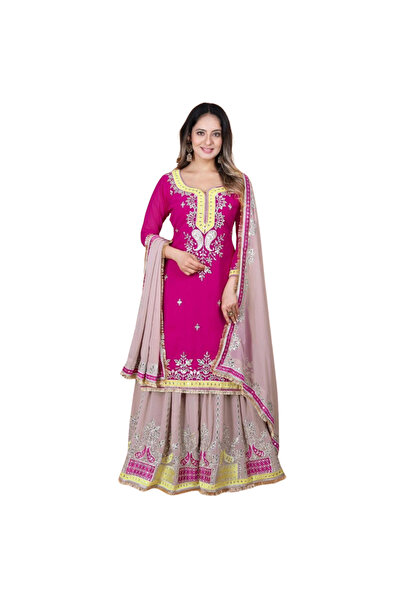 MYSMAR Pink Faux Georgette Top Sharara Dupatta - HRT4896 | Pink