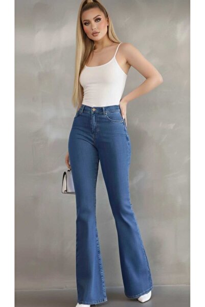 NWC Medium Blue Flared L Stretch Fabric F Flare Jeans Denim Pants High Waist