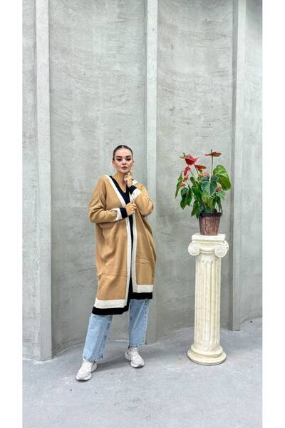 Cannes Women's Contrast Stripe Long Beige Knitwear Cardigan