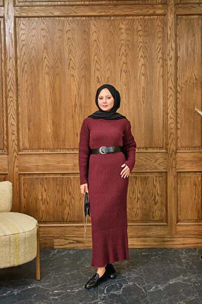 LOCCO Women's Crew Neck Knitwear Dress Claret Red