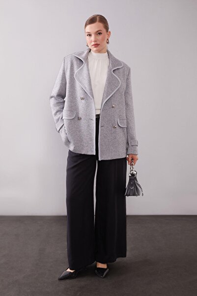 Levidor Gray Double-Breasted Cashmere Jacket with Side Stripes