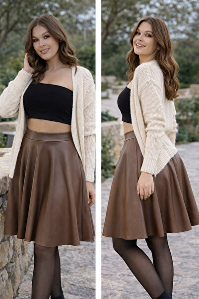 Gugus Women's Fur-Lined Knee-Length Faux Leather Flare Skirt