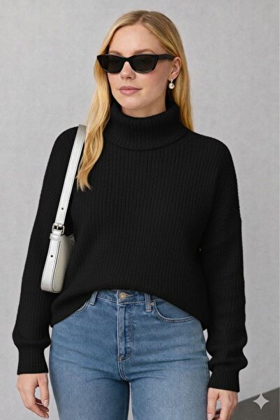 YUGA KNİTTİNG Women's Thessaloniki Knitted Turtleneck Oversized Basic Sweater