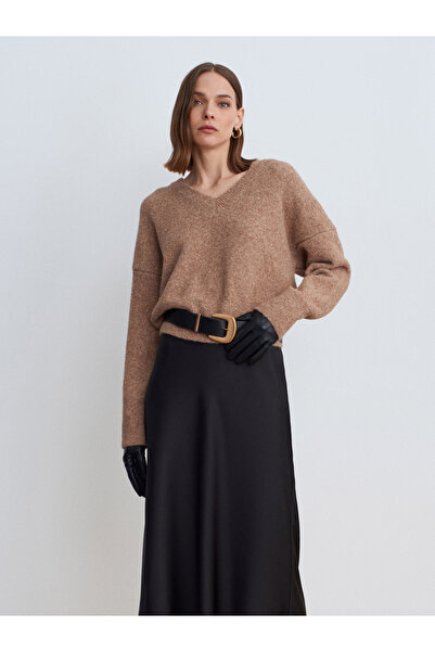 Dilvin 10645 V-Neck Wool Blend Sweater-Beige Mel.
