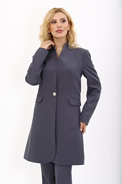 ÖNDER ÖZSOY Mock Neck Long Hijab Women's Jacket-Smoked