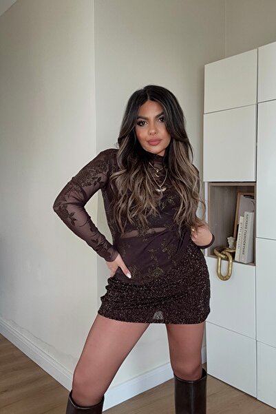 Sohotique By P Φούστα με μικροσκοπικές παγιέτες και χάντρες πικρό καφέ