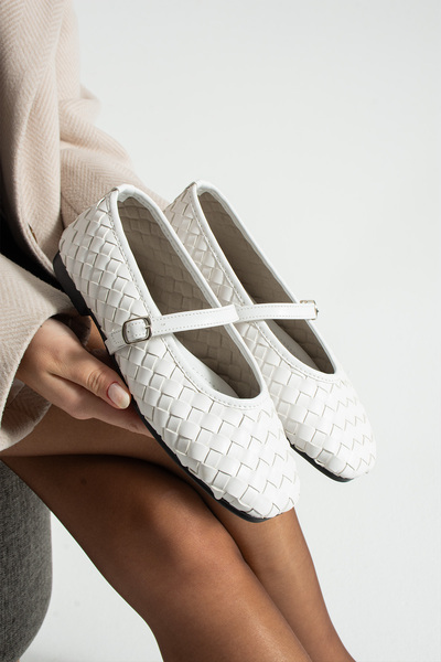 dabab shoes Elvia White Women's Knitted Textured Ankle Strap Buckle Mary Jane Flat Shoes Ballet Flats