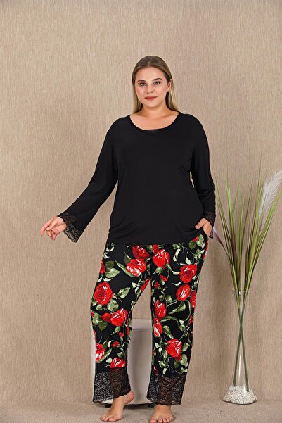 REN Women's black plus size pajama set, lace detail, pocketed and floral, viscose fabric