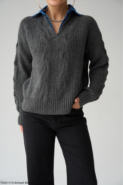 Lupies Women's Collared Denim Detailed Knit Sweater