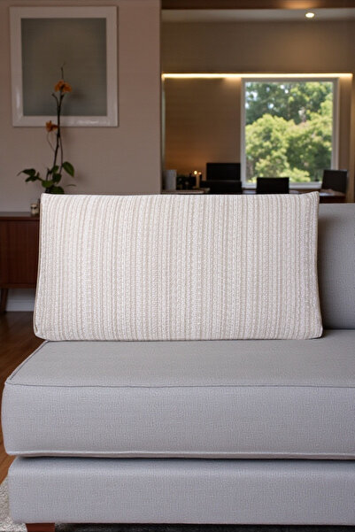 AYPETEKS Bej, Beyaz Çizgili Ketenli Mat Kadife Kutu Model Kırlent Kılıfı