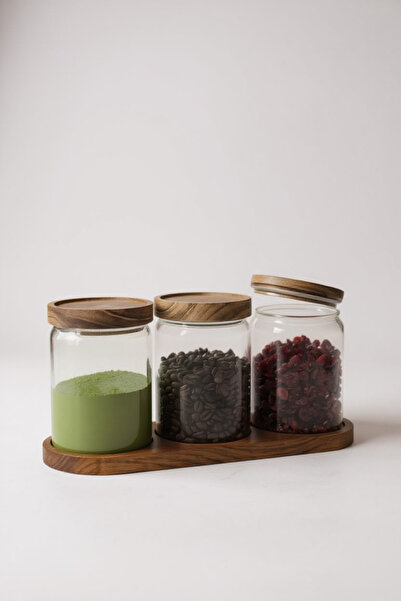 zezedesing Natural Acacia Lid Glass Jar Set with Stand – 3 Pieces (600 ml)