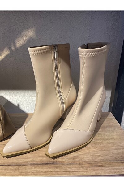 CHERİE Kadın Krem Dalgıç Kumaş ve Rugan Topuklu Bot