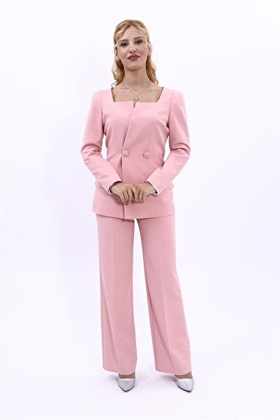 ÖNDER ÖZSOY Square Neck Jacket & Wide Leg Pants-Powder