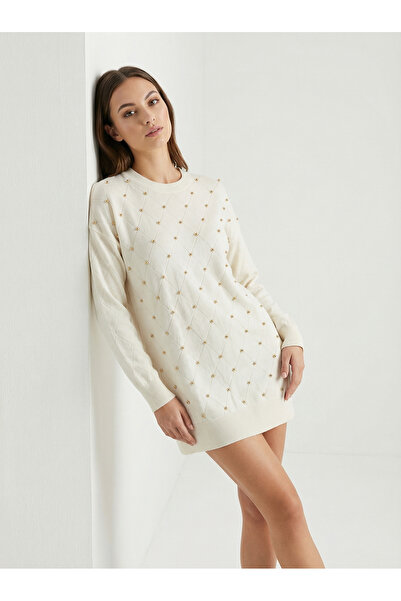 Giyim Dünyası Women's Diamond Pattern Stone Tunic White