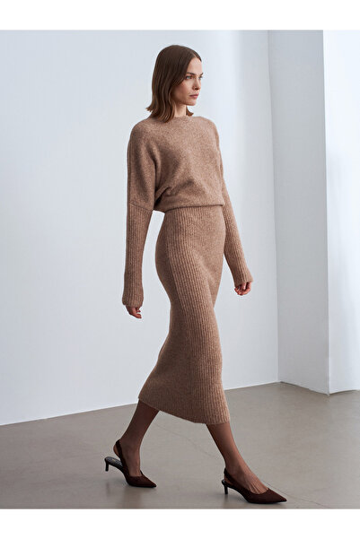 Dilvin 90260 Crew Neck Soft Textured Knitwear Dress-Dark Beige Mel.