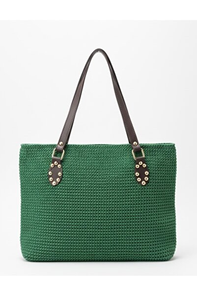 Lume Store Handmade Faux Leather Handle Straw Look Green Tote Bag Handmade