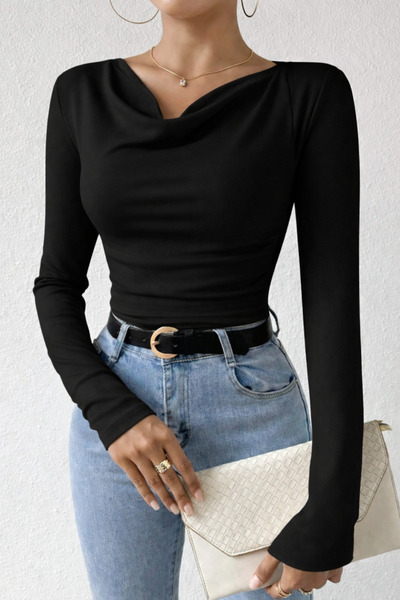 BLUE STREET بلوزة نسائية فضفاضة بياقة وأكمام طويلة