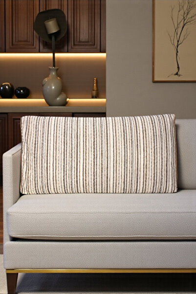 AYPETEKS Kahve, Krem Çizgili Ketenli Mat Kadife Kutu Model Kırlent Kılıfı