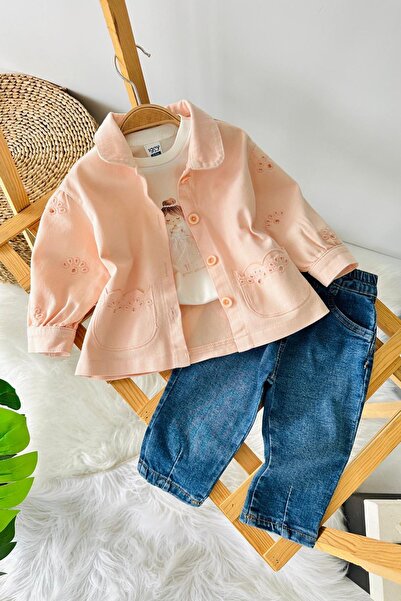 Minigimin Cicileri Miniğimin Cicileri Princess مطبوع طقم مكون من 3 قطع للفتيات الصغيرات مع سترة مقطوعة بالليزر - سلمون